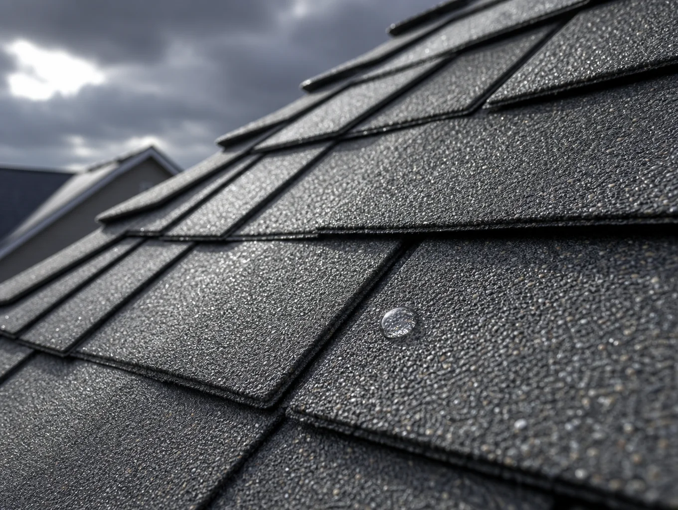 Close up of premium Interlock aluminum roofing shingles on a residential home