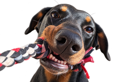 Roxy the Metal Roof NC Roxxstar holding her rope toy