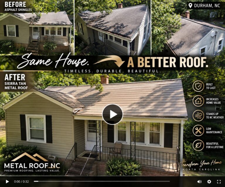 Before and after: a Durham home upgraded from asphalt shingles to Sierra Tan metal roofing