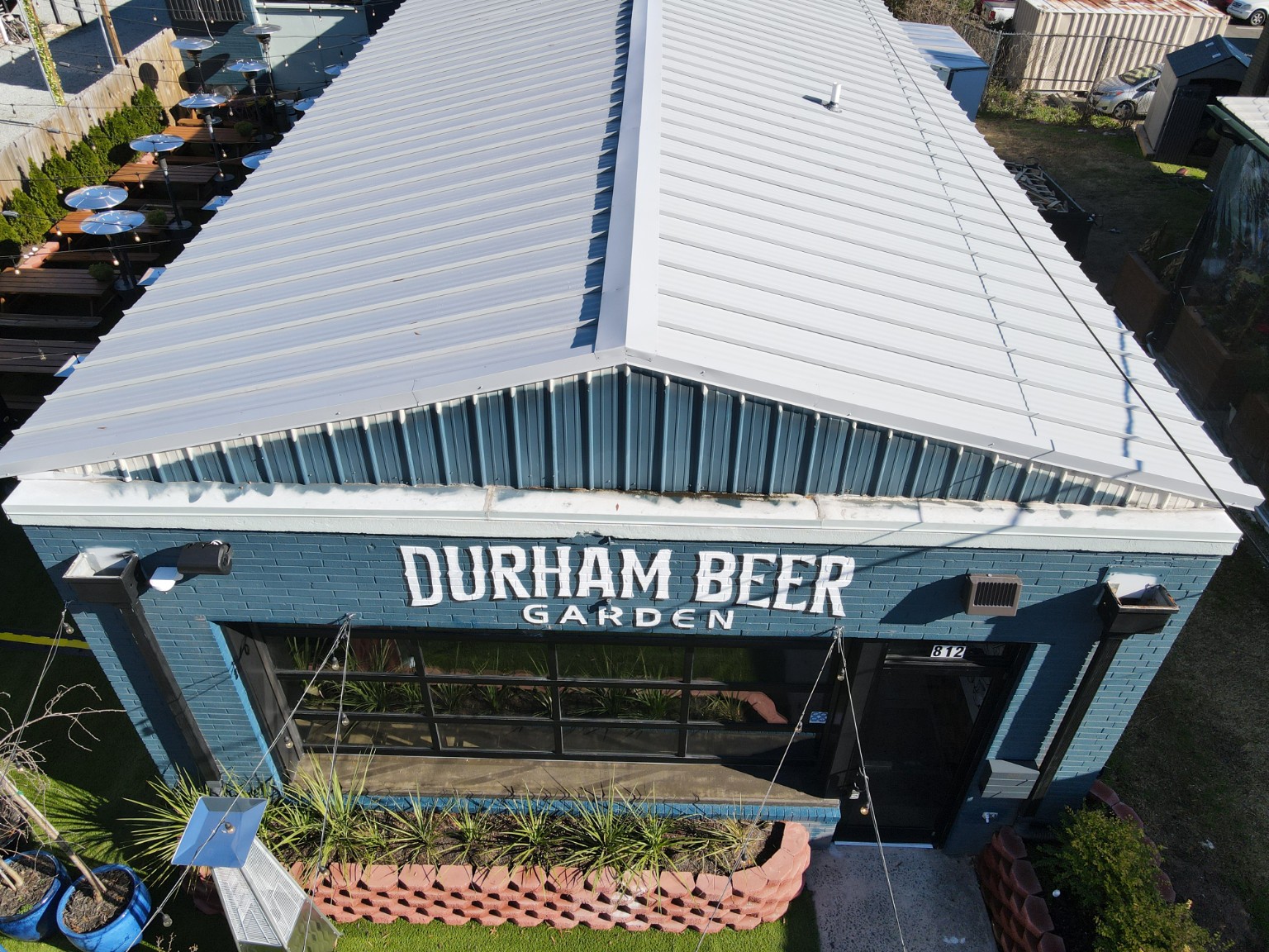 Standing seam metal roof at Durham Beer Garden in Durham, NC