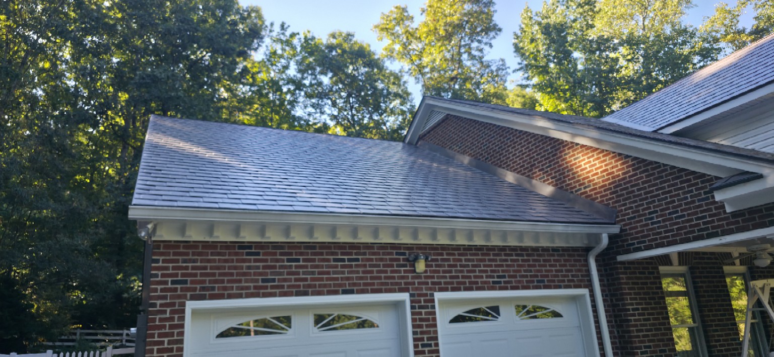 Garage metal roof with Deep Charcoal Slate aluminum shingles