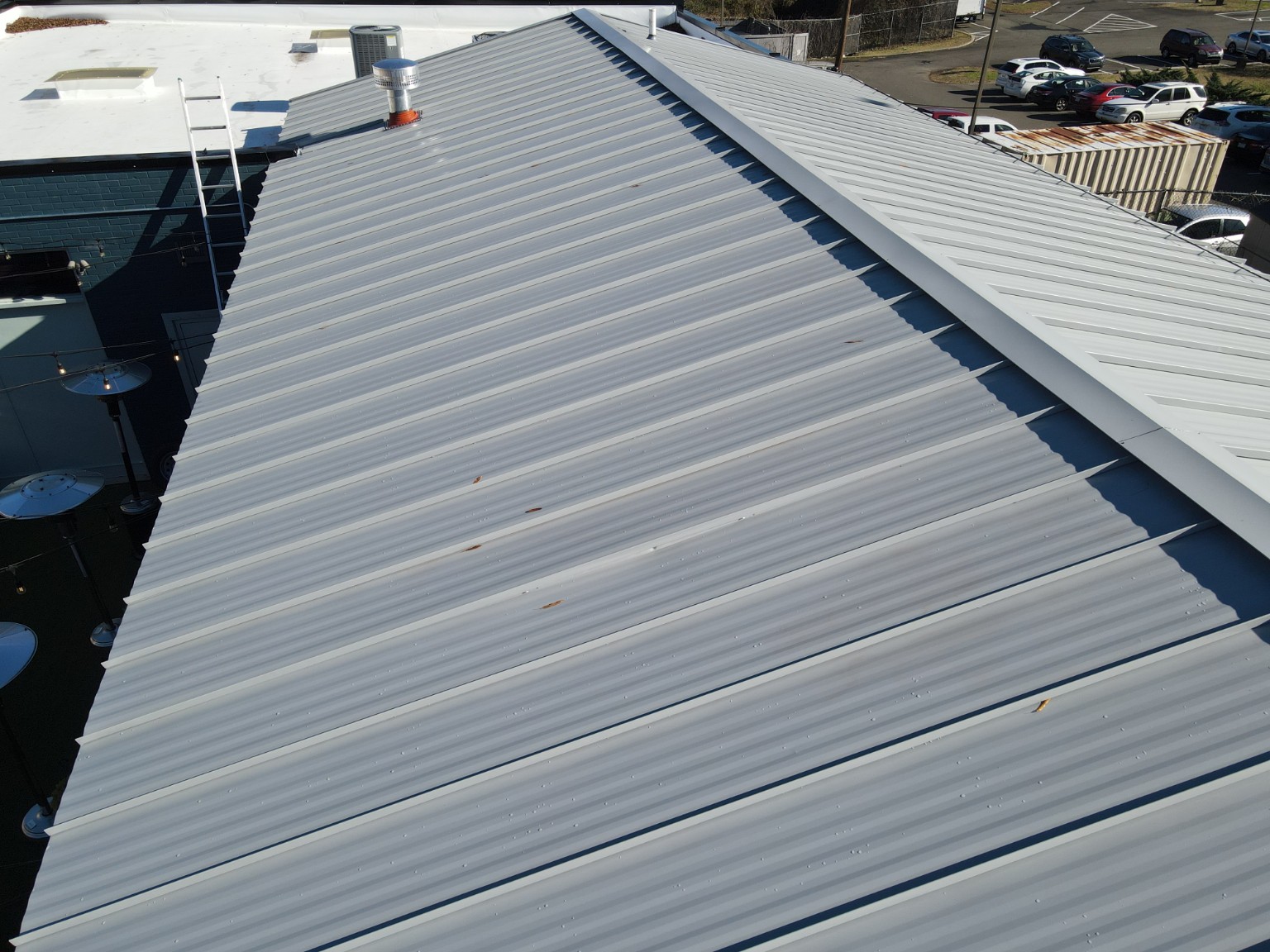 Aerial view of the 24-gauge standing seam metal roof at Durham Beer Garden