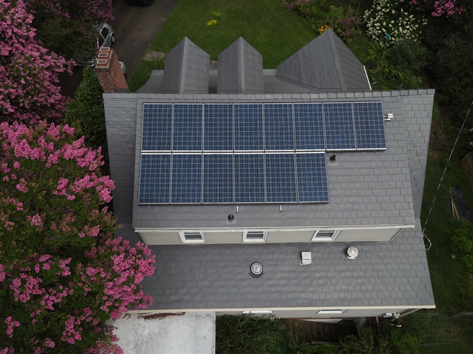 Rear view of Interlock aluminum roof with rooftop solar panels, Winston-Salem NC
